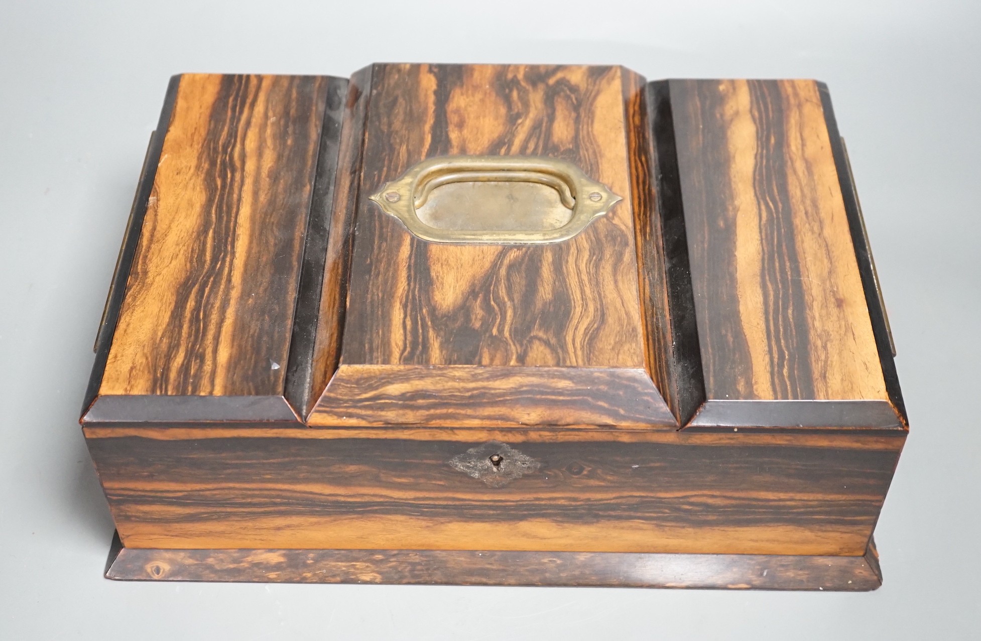 A Victorian calamander veneered humidor / three divisional caddy together with a small barometer and bulkhead clock (3), humidor 31cms wide